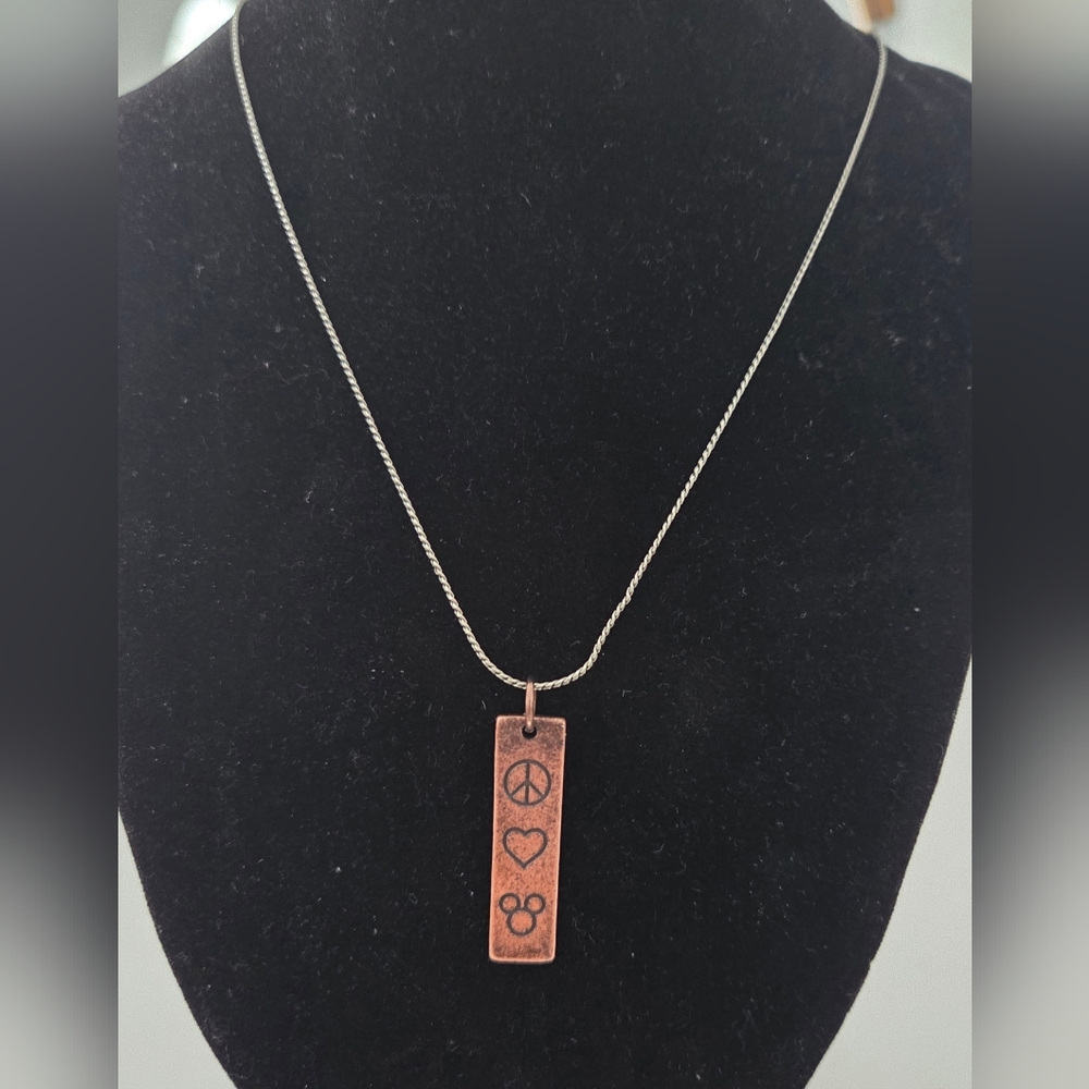 Vintage Disney Peace Love Mickey Pendant Necklace | Silver Tone Chain